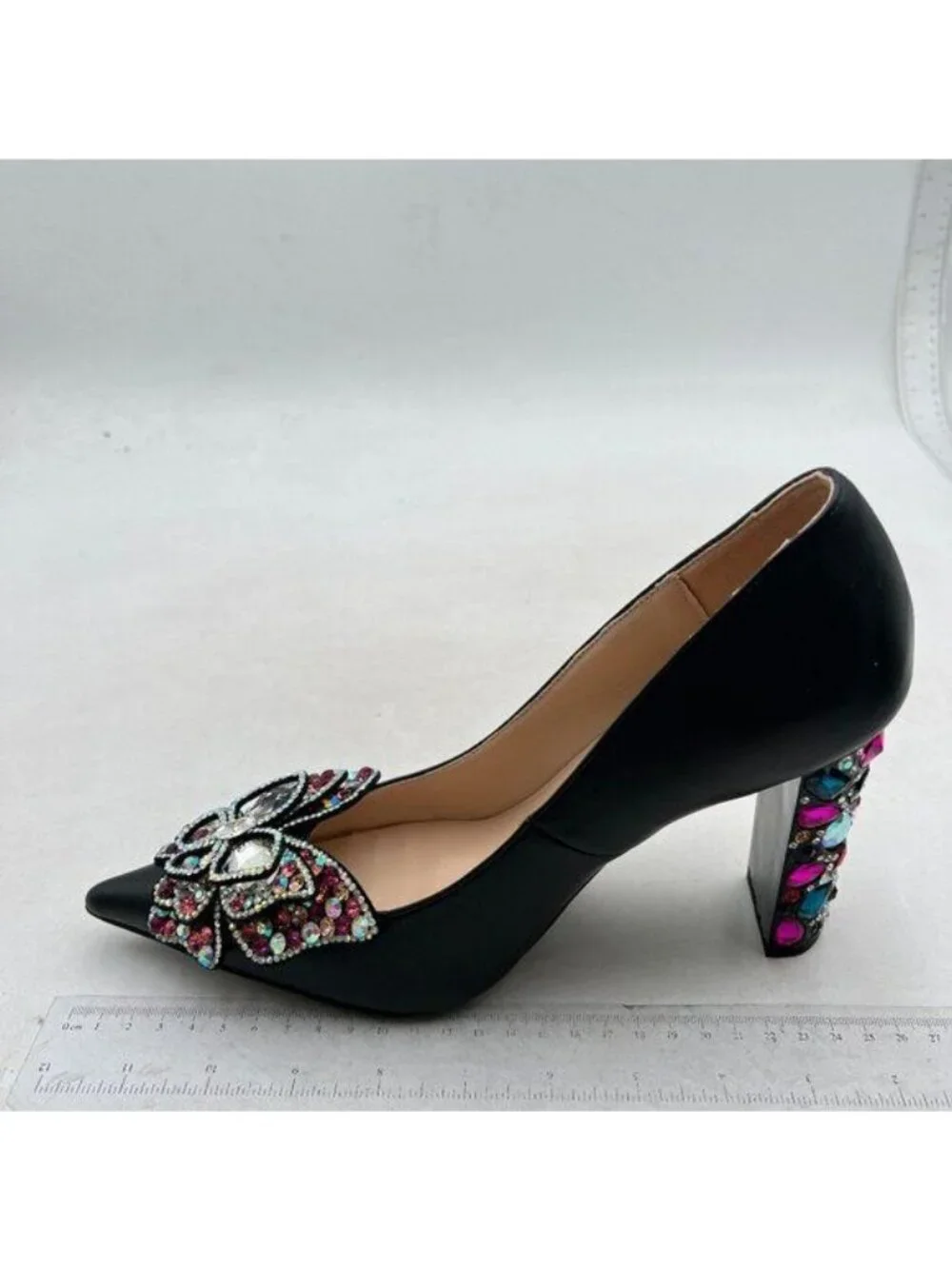 YDN Women Bow Pump Butterfly Slip on Rhinestone Chunky High Heels Fashion Black